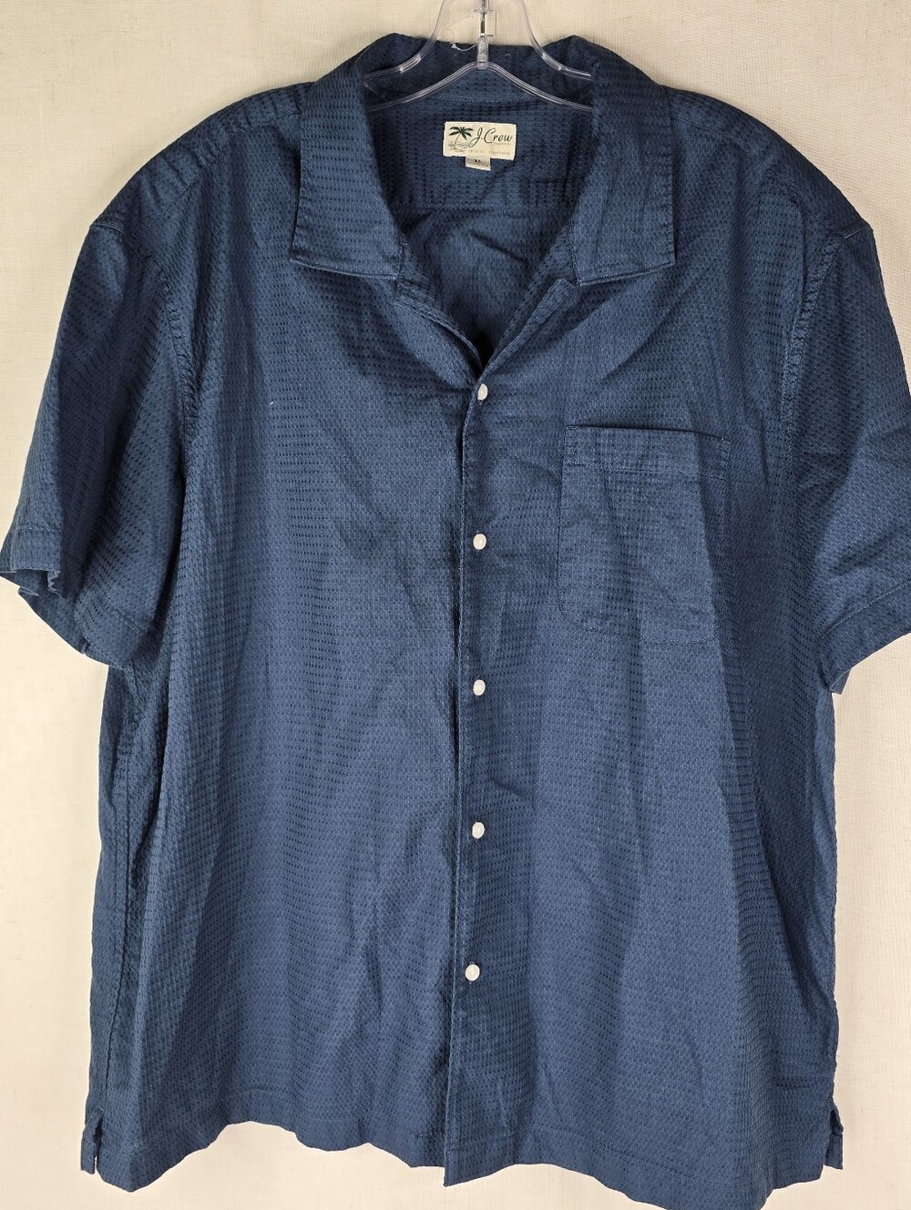 J Crew Shirt Mens XL Navy Blue Textured Cotton Seersucker Camp Collar Button Up